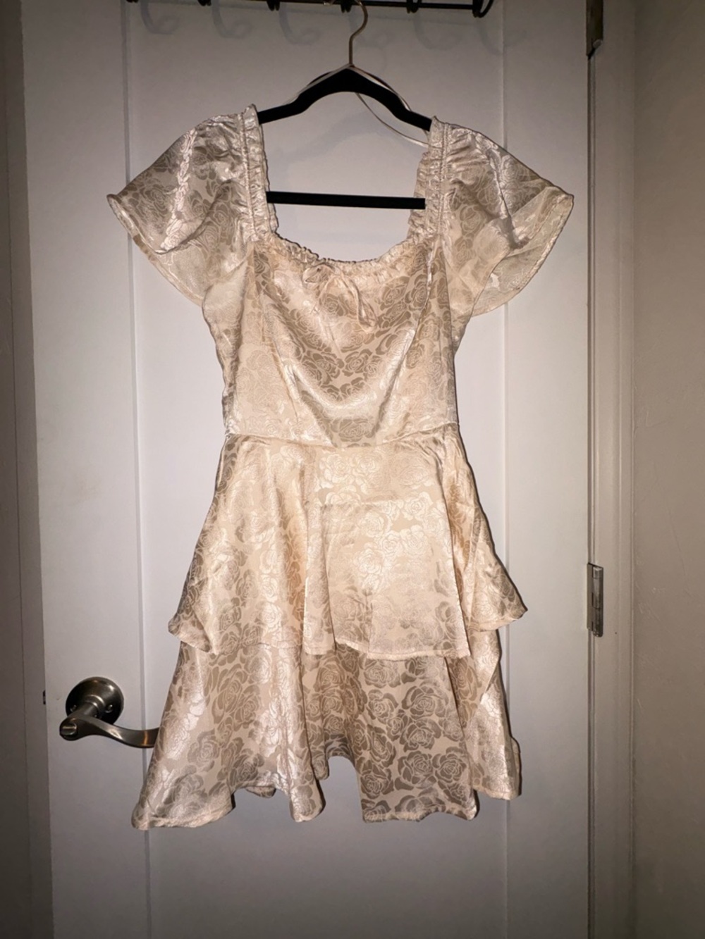 Francesca's Cream Floral Jacquard Smocked Neck Dress